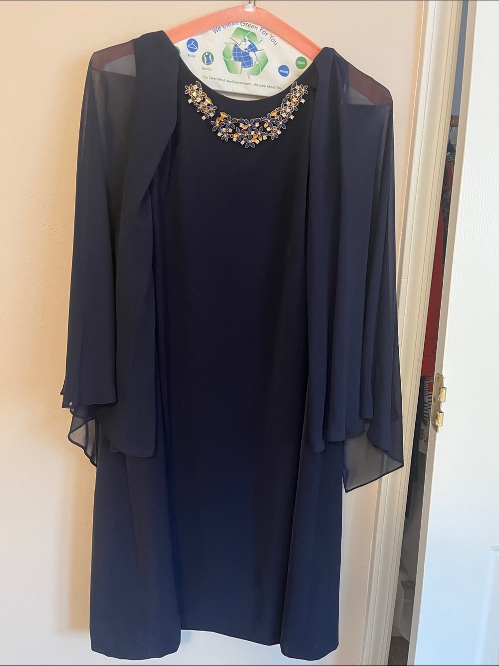 Navy Embellished Midi Dress with Sheer Cape Sleeves